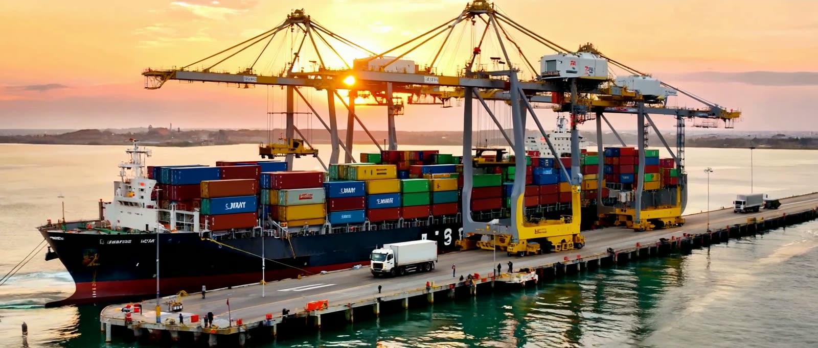 Container ship being loaded with cargo containers at a port at sunset